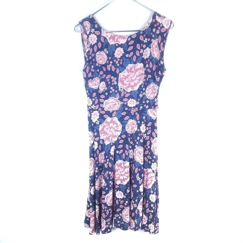 ANN TAYLOR LOFT Blue Pink Floral V Neck Wrap Sleeveless Fit Flare Midi Dress Sm